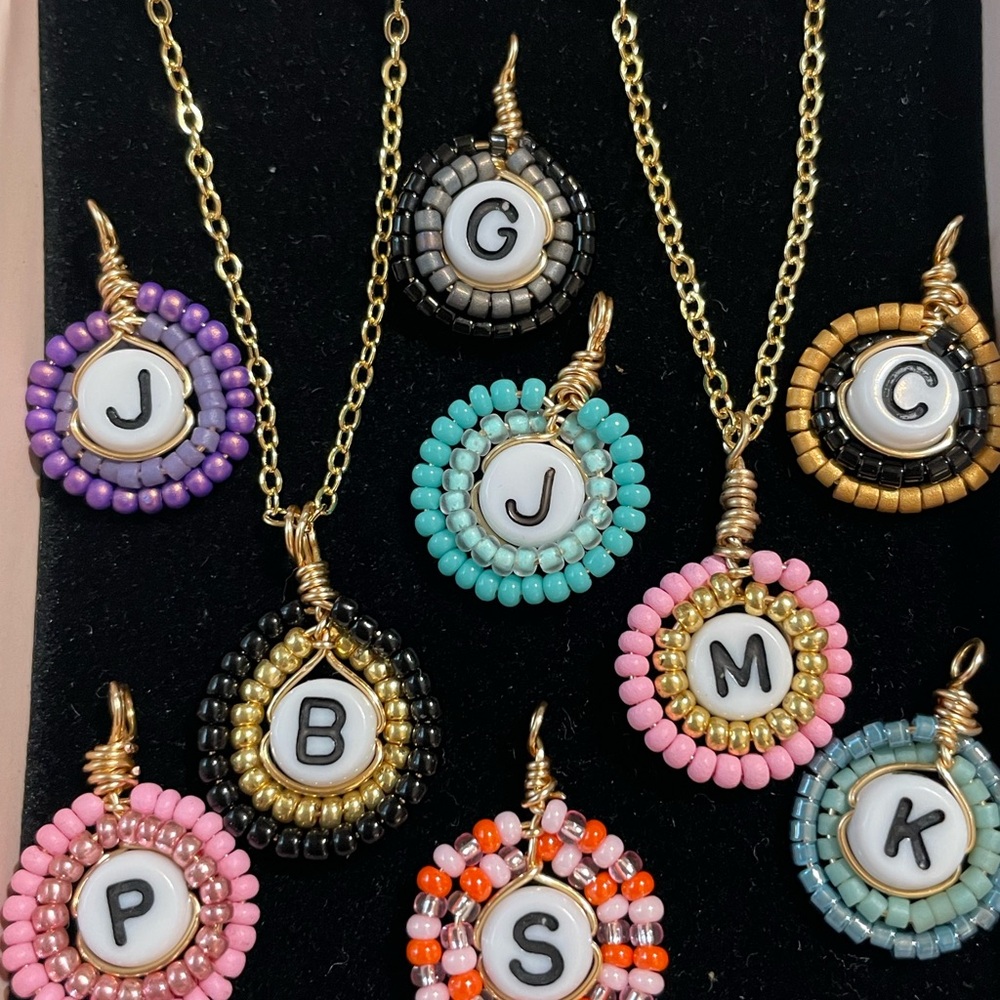 Purple and Black Initial Necklace with Beaded Halo